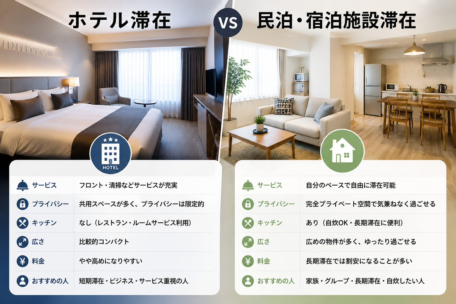 ホテルと民泊の比較イメージ